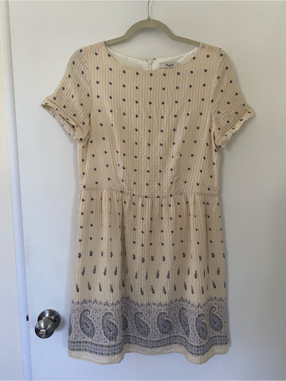 Madewell Cream Mini Dress Floral Pattern Navy Paisley Border Size Large